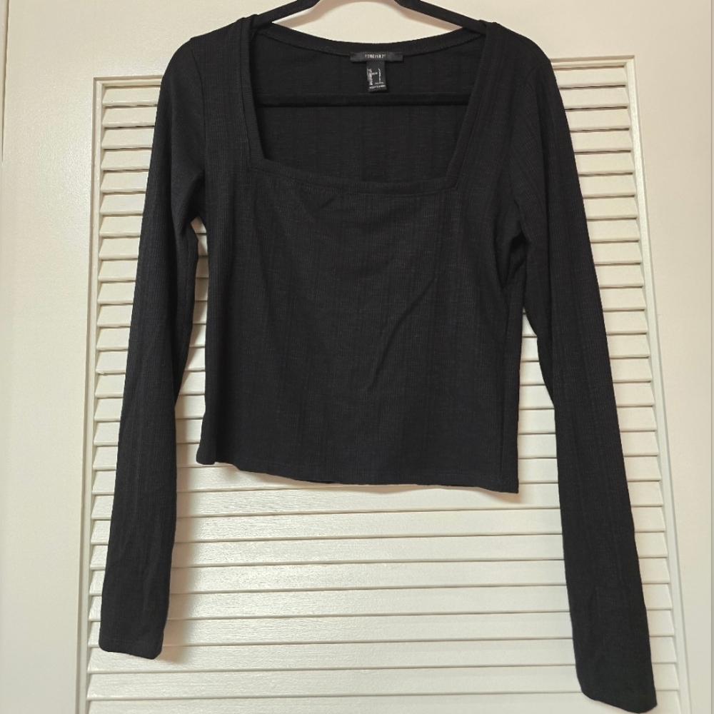 Forever 21 - Black Square-Neck Long-Sleeve Ribbed Top